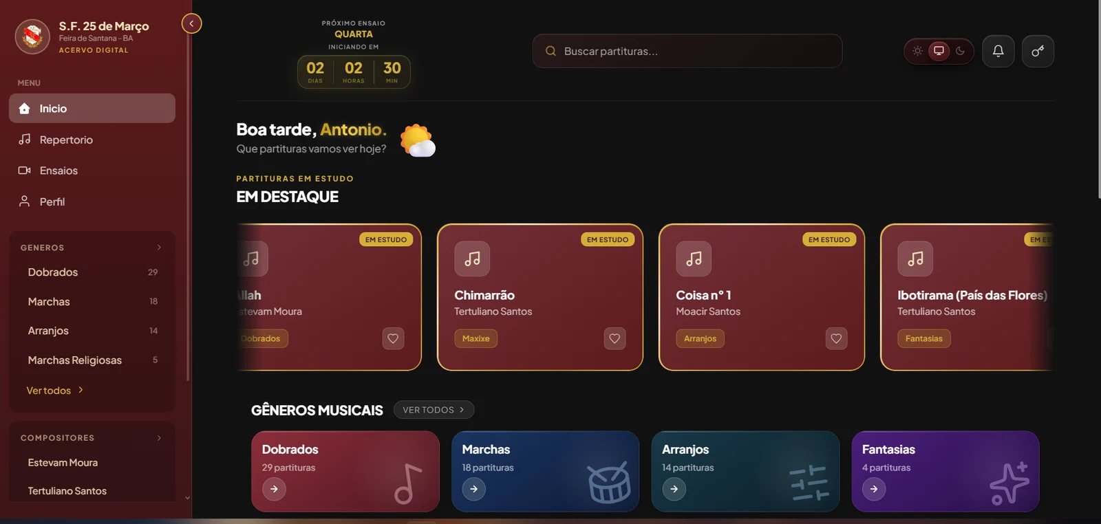 Acervo Digital dashboard with featured sheet music and musical genres